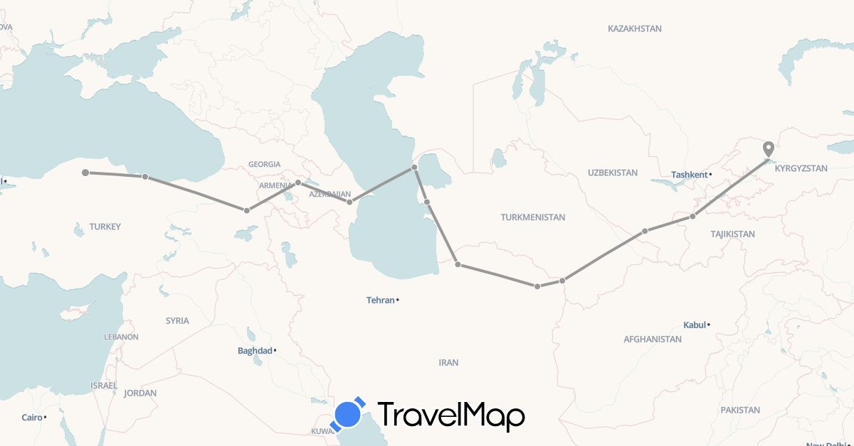 TravelMap itinerary: driving, plane in Azerbaijan, Iran, Kyrgyzstan, Tajikistan, Turkmenistan, Turkey, Uzbekistan (Asia)